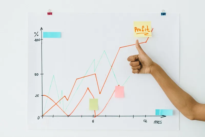 sebuah grafik yang menunjukkan peningkatan keuntungan di papan tulis